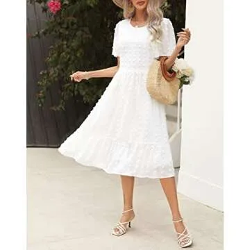 Women Round Neck Flutter Short Sleeve Casual Spring White Midi Dress Short Sleeve Smocked Beach Wedding Guest Swiss Dot Ruffle Summer Dress for Women 2025 White XL