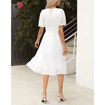 Women Round Neck Flutter Short Sleeve Casual Spring White Midi Dress Short Sleeve Smocked Beach Wedding Guest Swiss Dot Ruffle Summer Dress for Women 2025 White XL