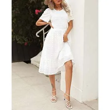 Women Round Neck Flutter Short Sleeve Casual Spring White Midi Dress Short Sleeve Smocked Beach Wedding Guest Swiss Dot Ruffle Summer Dress for Women 2025 White XL