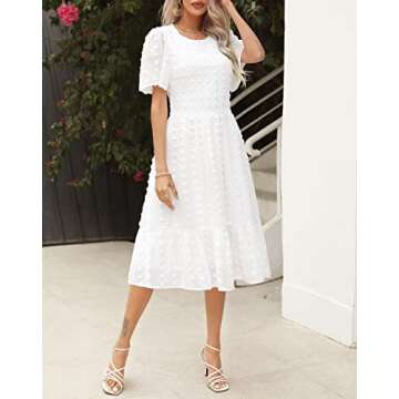 Women Round Neck Flutter Short Sleeve Casual Spring White Midi Dress Short Sleeve Smocked Beach Wedding Guest Swiss Dot Ruffle Summer Dress for Women 2025 White XL