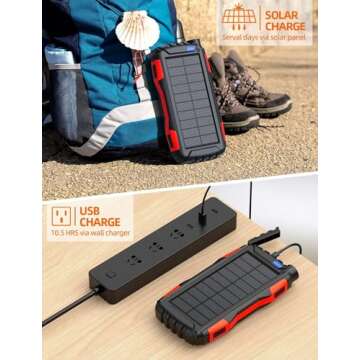 Solar Power Bank,Solar Charger,42800mAh Power Bank,Portable Charger, Built-in Super Bright Flashlight (Red)