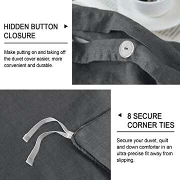 PHF 100% French Flax Linen Duvet Cover Set King, 3pcs Garment Washed Soft Natural Linen, Breathable Durable Cool Duvet Set for Hot Sleepers, 1 Comforter Cover and 2 Pillowshams, 106"x92", Charcoal