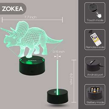 ZOKEA Night Lights for Kids Dinosaur 3D Night Light Bedside Lamp 7 Colors Changing with Remote Control Best Birthday Gifts for Boys Girls Kids Baby (Dinosaur Triceratops)¡­