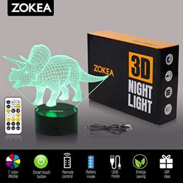 ZOKEA Night Lights for Kids Dinosaur 3D Night Light Bedside Lamp 7 Colors Changing with Remote Control Best Birthday Gifts for Boys Girls Kids Baby (Dinosaur Triceratops)¡­