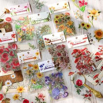 Knaid Botanical Stickers Set (320 Pieces) Pressed Flower Resin Decals Transparent Daisy Tulip Eucalyptus Leaf Mushroom Journaling Sticker for Scrapbook Card Making Junk Journal Bullet Journal Planner