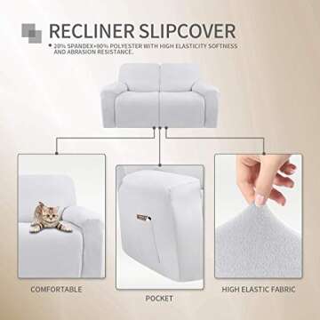 Easy-Going 6 Pieces Microfiber Stretch Sectional Recliner Sofa Slipcover Soft Fitted Fleece 2 Seats Couch Cover Washable Furniture Protector with Elasticity for Kids(Recliner Loveseat, Snow White)