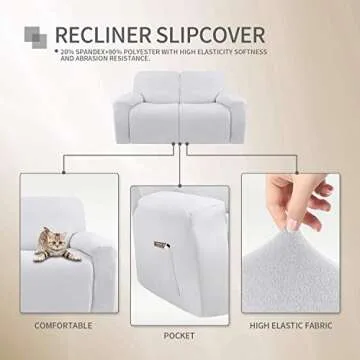 Easy-Going 6 Pieces Microfiber Stretch Sectional Recliner Sofa Slipcover Soft Fitted Fleece 2 Seats Couch Cover Washable Furniture Protector with Elasticity for Kids(Recliner Loveseat, Snow White)