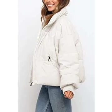 ZROZYL Women's Winter Puffer Down Jacket Long Sleeve Zipper Pockets Baggy Short Coats White M