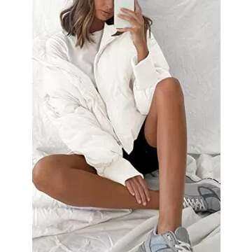 ZROZYL Women's Winter Puffer Down Jacket Long Sleeve Zipper Pockets Baggy Short Coats White M