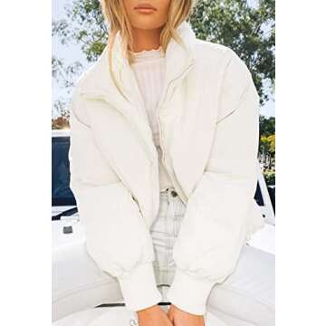 ZROZYL Women's Winter Puffer Down Jacket Long Sleeve Zipper Pockets Baggy Short Coats White M