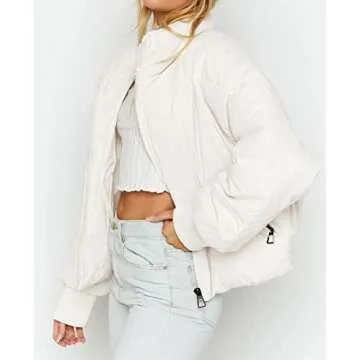 ZROZYL Women's Winter Puffer Down Jacket Long Sleeve Zipper Pockets Baggy Short Coats White M