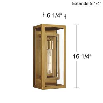 Possini Euro Design Double Box Modern Outdoor Wall Light Fixture Brass 16 1/4" Clear Glass Panel for Exterior Barn Deck House Porch Yard Patio Outside Garage Front Door Garden Home Roof Lawn