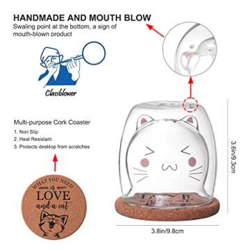 Bgbg Cute Coffee Mug Cat Tea Cup Milk Double Wall Clear Insulated Glass Espresso Mug with Coaster interesting Gift for you