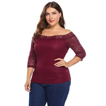 Women Plus Size Off Shoulder 3/4 Sleeve Floral Lace Casual Slim Fit T-Shirt Top Wine Red