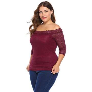 Women Plus Size Off Shoulder 3/4 Sleeve Floral Lace Casual Slim Fit T-Shirt Top Wine Red