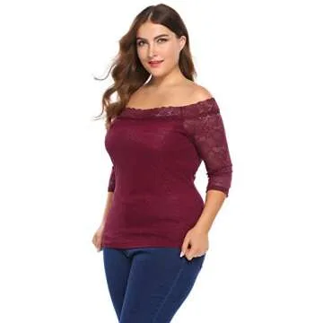 Women Plus Size Off Shoulder 3/4 Sleeve Floral Lace Casual Slim Fit T-Shirt Top Wine Red