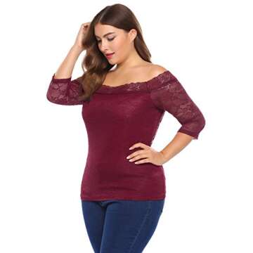 Women Plus Size Off Shoulder 3/4 Sleeve Floral Lace Casual Slim Fit T-Shirt Top Wine Red