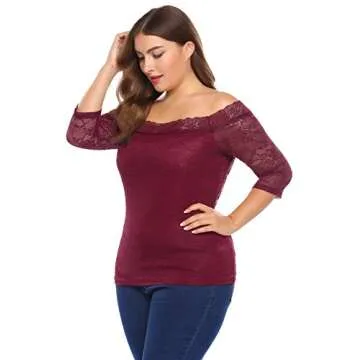 Women Plus Size Off Shoulder 3/4 Sleeve Floral Lace Casual Slim Fit T-Shirt Top Wine Red