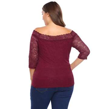 Women Plus Size Off Shoulder 3/4 Sleeve Floral Lace Casual Slim Fit T-Shirt Top Wine Red