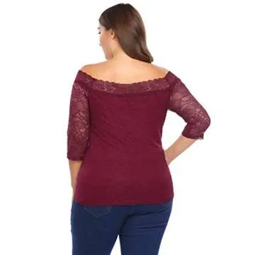 Women Plus Size Off Shoulder 3/4 Sleeve Floral Lace Casual Slim Fit T-Shirt Top Wine Red