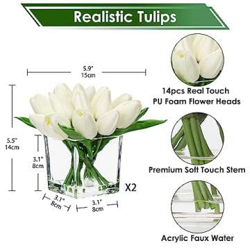DILATATA Artificial White Tulips in Vase with Faux Water 5.5" Real Touch Flowers Fake Tulips Small F...