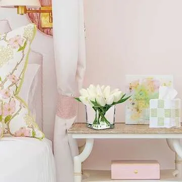 DILATATA Artificial White Tulips in Vase with Faux Water 5.5" Real Touch Flowers Fake Tulips Small Flowers Arrangement in Cube Glass Vase for Mother's Day Table Centerpiece Wedding Home Decor 2 Pack