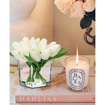 DILATATA Artificial White Tulips in Vase with Faux Water 5.5" Real Touch Flowers Fake Tulips Small Flowers Arrangement in Cube Glass Vase for Mother's Day Table Centerpiece Wedding Home Decor 2 Pack