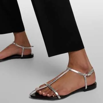 VorisVina Silver Flat Sandals for Women Adjustable Metallic Buckle Ankle Strap Slide Sandals Comfortable Pointed Open Toe Slip on Sandal