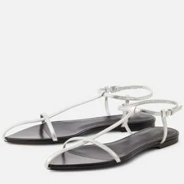 VorisVina Silver Flat Sandals for Women Adjustable Metallic Buckle Ankle Strap Slide Sandals Comfortable Pointed Open Toe Slip on Sandal