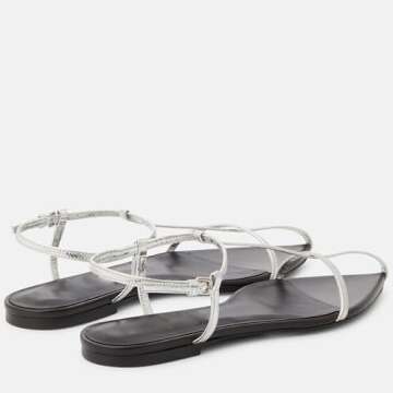 VorisVina Silver Flat Sandals for Women Adjustable Metallic Buckle Ankle Strap Slide Sandals Comfortable Pointed Open Toe Slip on Sandal