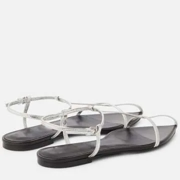 VorisVina Silver Flat Sandals for Women Adjustable Metallic Buckle Ankle Strap Slide Sandals Comfortable Pointed Open Toe Slip on Sandal