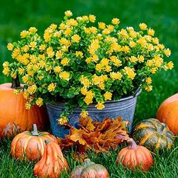 Artificial Flowers for Outdoors UV Resistant - 12 PCS Bundles Faux Fake Outdoor Plants Plastic Shrubs No Fade Fall Greenery Bushes Home Porch Boxwood Outside Fake Mums Decoration Garden (Yellow)
