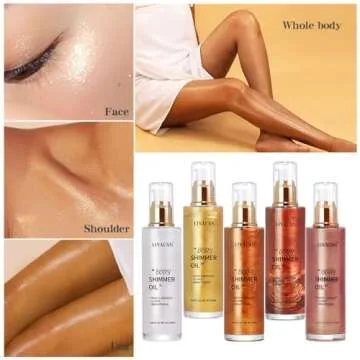 Liyalan Shimmer Body Oil 5 Color Bronze 3.38 Fl Oz Face Glow Pearl Highlighter Illuminator Body Makeup Shine Glitter Gold Liquid Taning