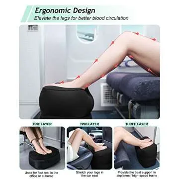 JefDiee Inflatable Travel Foot Rest Pillow, Kids Airplane Bed, Adjustable 3 Layers Height Leg Rest Pillow, Adults Travel Essentials Great for Airplane, Office, Home, Trains, Cars (Black)