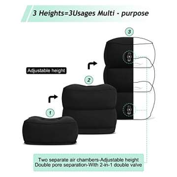 JefDiee Inflatable Travel Foot Rest Pillow, Kids Airplane Bed, Adjustable 3 Layers Height Leg Rest Pillow, Adults Travel Essentials Great for Airplane, Office, Home, Trains, Cars (Black)