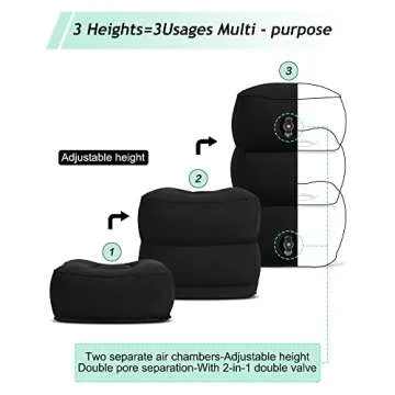 JefDiee Inflatable Travel Foot Rest Pillow, Kids Airplane Bed, Adjustable 3 Layers Height Leg Rest Pillow, Adults Travel Essentials Great for Airplane, Office, Home, Trains, Cars (Black)