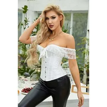 Moessa Women Floral Lace Off Shoulder Corset Bustier Boned Overbust Corset Bodyshaper Lingerie Top A902-White-S