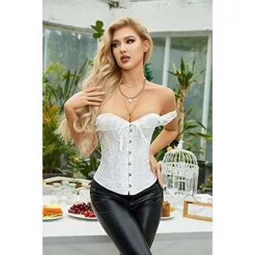 Moessa Women Floral Lace Off Shoulder Corset Bustier Boned Overbust Corset Bodyshaper Lingerie Top A902-White-S