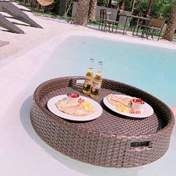 Round Rattan Woven Serving Tray Rattan Floating Breakfast Tray with Handles, Swimming Pool Floats, f...