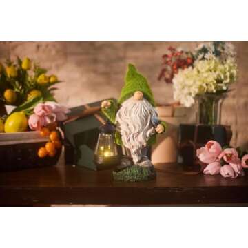 TERESA'S COLLECTIONS Christmas Outdoor Statue for Home, Resin Gnome Decorations with Solar Outdoor Lights for Garden Decor,Green Garden Sculptures & Statues for Front Patio Lawn, Gifts for Mom,13"