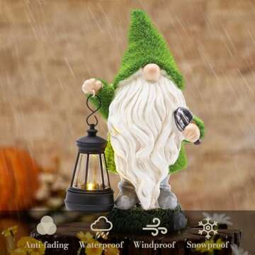 TERESA'S COLLECTIONS Christmas Outdoor Statue for Home, Resin Gnome Decorations with Solar Outdoor Lights for Garden Decor,Green Garden Sculptures & Statues for Front Patio Lawn, Gifts for Mom,13"