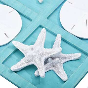 Sumind Beach House Decor Wooden Tic Tac Toe Game with Resin Seashell and Starfish Multilayer Tic Tac Toe Board Fun for Family Travel Beach Game, 8.6 x 8.6 inches(Blue)