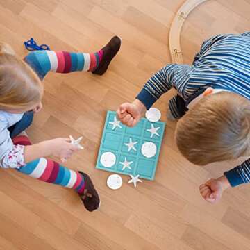 Sumind Beach House Decor Wooden Tic Tac Toe Game with Resin Seashell and Starfish Multilayer Tic Tac Toe Board Fun for Family Travel Beach Game, 8.6 x 8.6 inches(Blue)