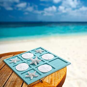 Sumind Beach House Decor Wooden Tic Tac Toe Game with Resin Seashell and Starfish Multilayer Tic Tac Toe Board Fun for Family Travel Beach Game, 8.6 x 8.6 inches(Blue)