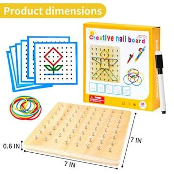 HEELWIRE Wooden Geoboard,Montessori Toy,Graphical Mathematical Education Toy for Kids with Pattern Cards and Rubber Bands to Figures and Shapes, Brain Teaser STEM Toy Geo Board (7 * 7 * 0.6 in)