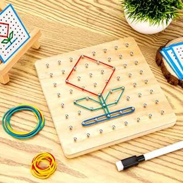 HEELWIRE Wooden Geoboard,Montessori Toy,Graphical Mathematical Education Toy for Kids with Pattern Cards and Rubber Bands to Figures and Shapes, Brain Teaser STEM Toy Geo Board (7 * 7 * 0.6 in)