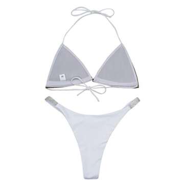 Women 2 Piece Shiny Diamond Crystal Bathing Suit Bikini Sexy Push Up Swimwear for Party Rave Clubwear White