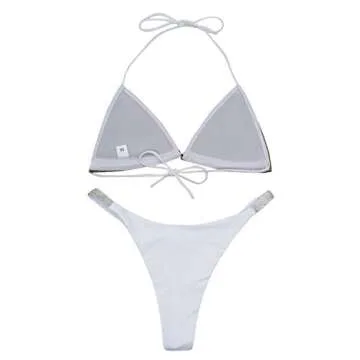 Women 2 Piece Shiny Diamond Crystal Bathing Suit Bikini Sexy Push Up Swimwear for Party Rave Clubwear White