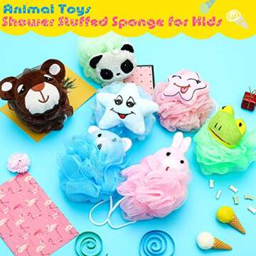 Boao 8 Pieces Kids Bath Loofahs Animal Bath Sponge Cartoon Shower Loofahs Cute Pouf Mesh Body Bath Loofah Colorful Body Scrubber Shower Balls for Boys Girls Adults