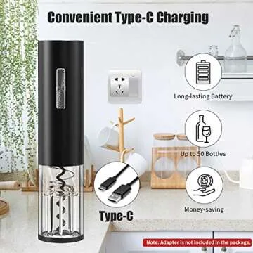 Electric Wine Opener TEBIKIN Rechargeable Wine Bottle Opener Set, Type-C Port Automatic Corkscrew with Blue Led Indicator, Vacuum Stopper, Pourer, Foil Cutter